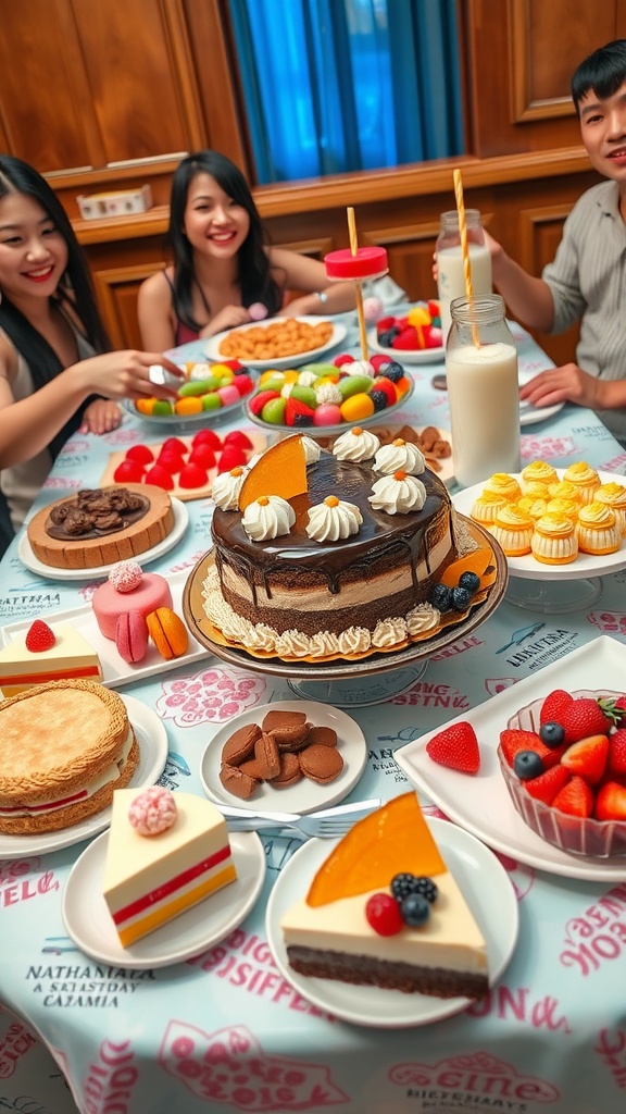 A table filled with various desserts for a mukbang, including chocolate cake, cheesecake, macarons, and fruit tarts.